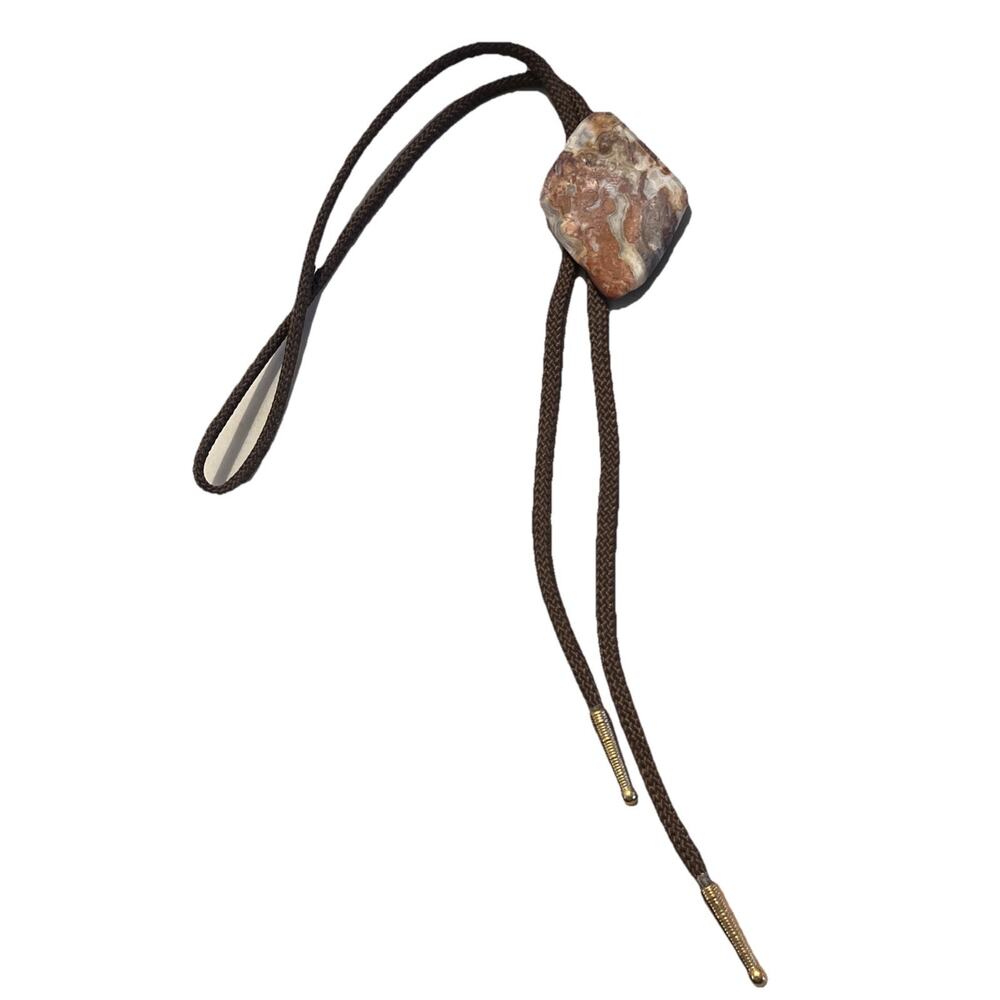 1970s Brown Polished Stone Mens Bolo Tie Wedding Necklace Western Cowboy Brown
